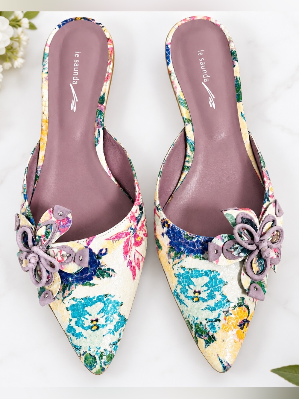 Le Saunda Genuine Leather Multicolor Floral Pointed Toe Mules Slip-On Shoes